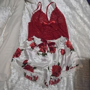 Elegant Red Lace and Floral Satin Sleepwear Set